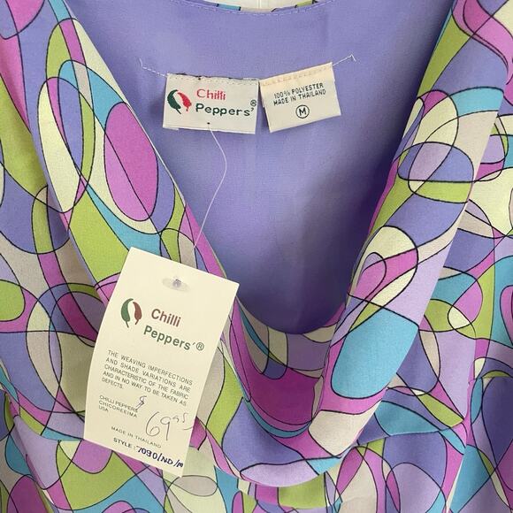 Y2K Flutter Sleeve Tiered Maxi Dress Purple Psychedelic Swirl Ruffle 80s Style M - Picture 3 of 7